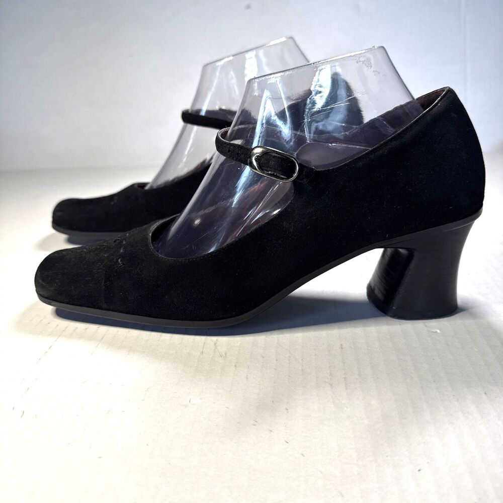 Vintage 90s Moda Spana Black Suede Mary Jane Block Heels Size 8.5 M Chunky Y2K
